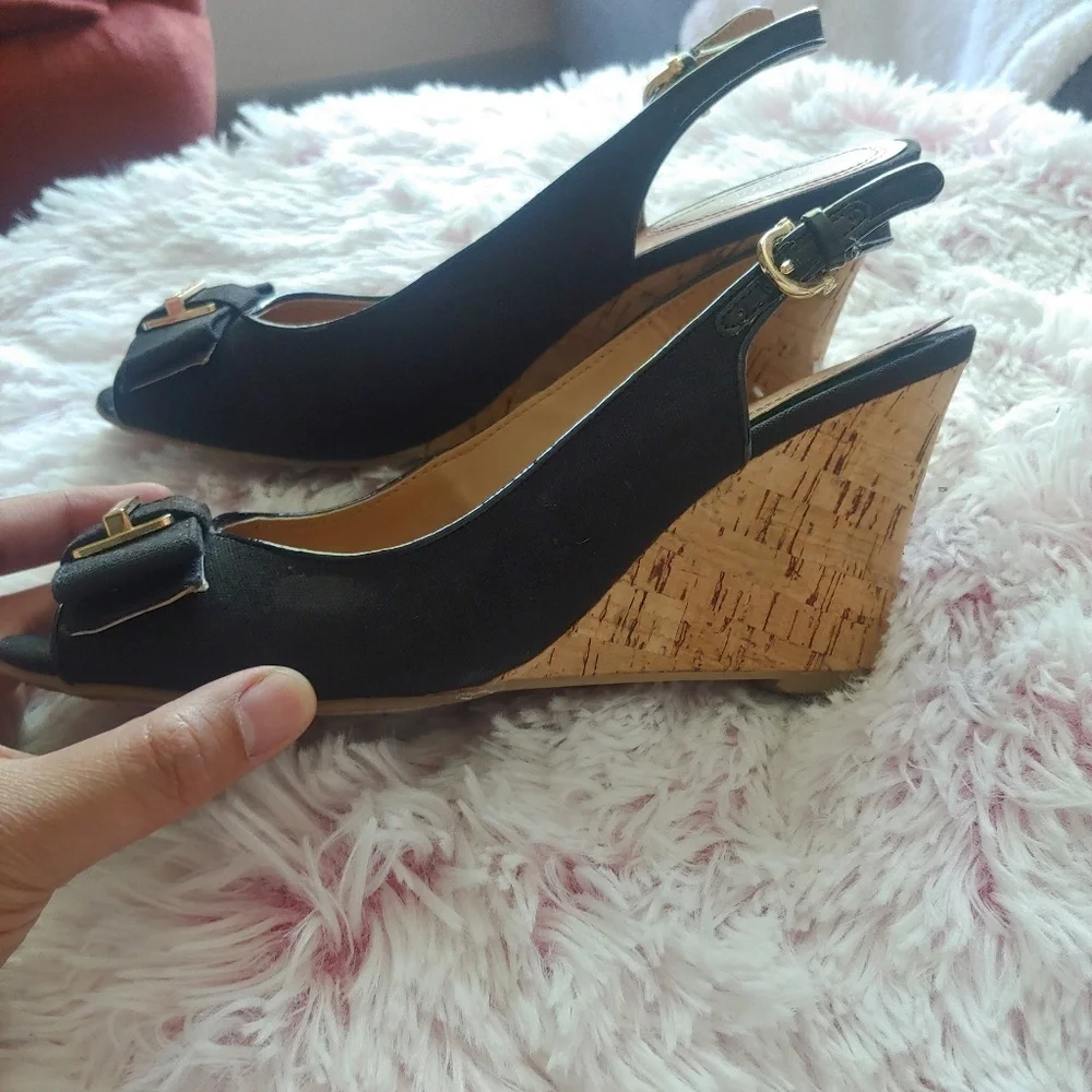 Tommy Hilfiger Black Slingback Espadrille Heels with Gold Accent Bow